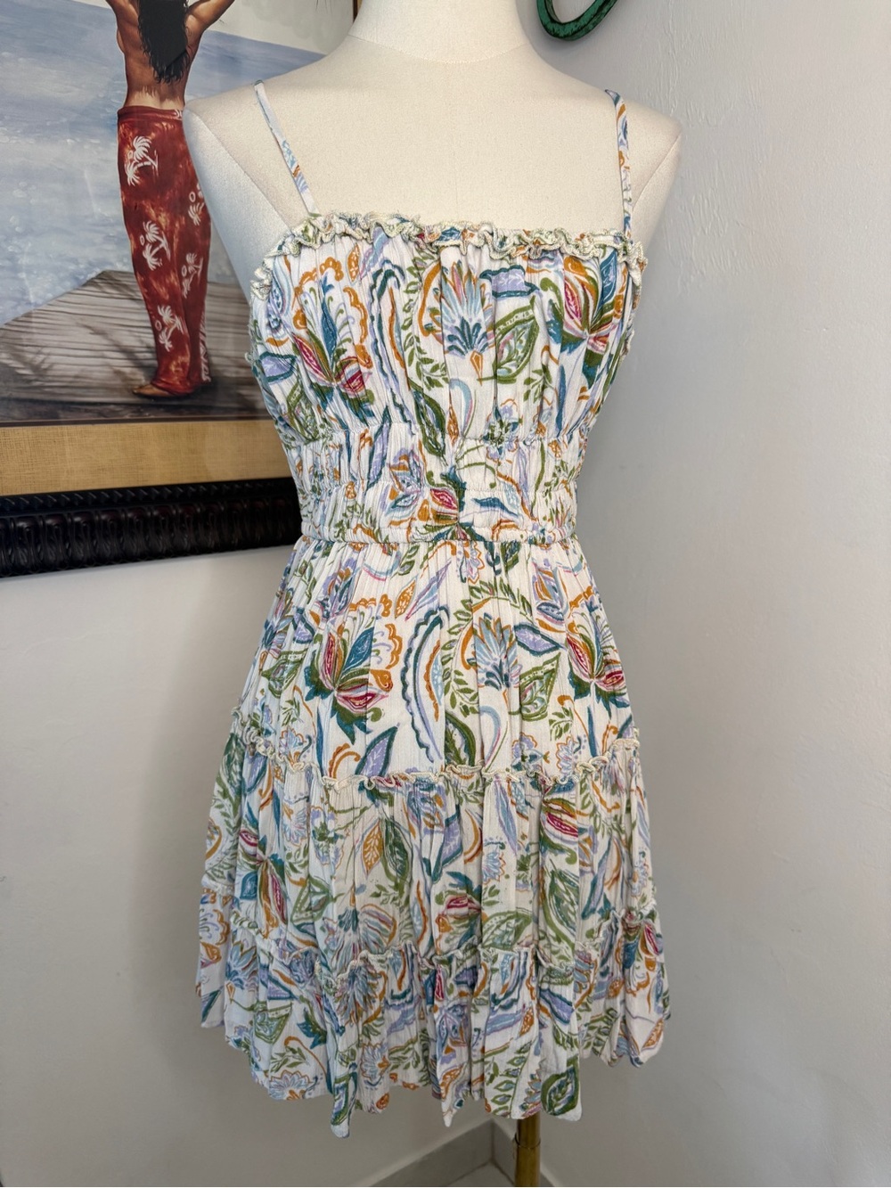 Angie White Floral-Print Smocked Tiered Mini Dress